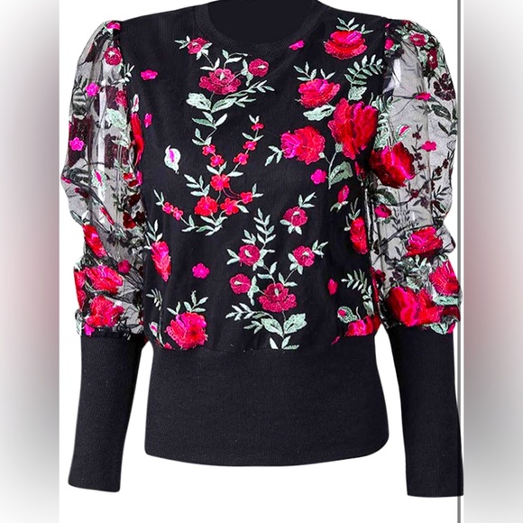 New Pink Floral Embrodiered Organza Sleeved Black Blouse Sz S - Picture 5 of 8